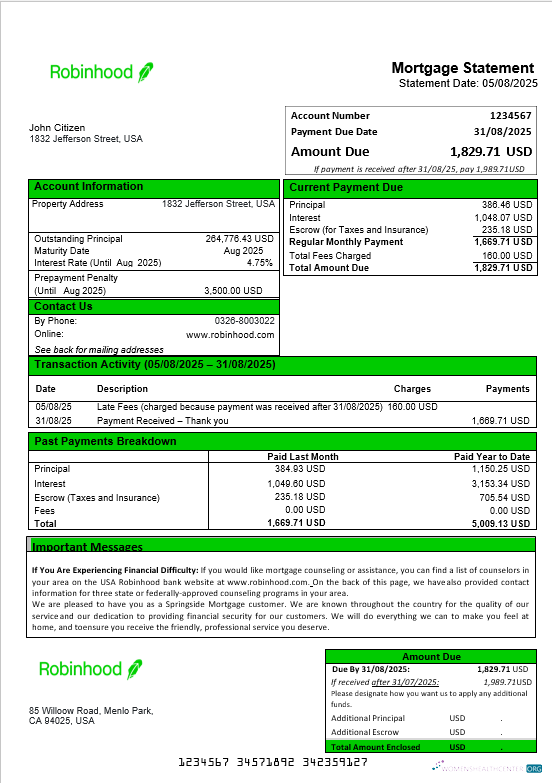 Download USA Robinhood bank mortgage statement in Word and PDF formats Photoshop template